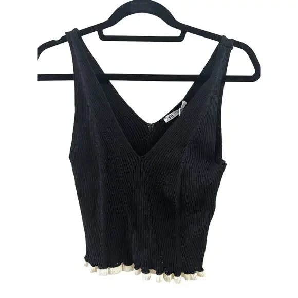 Zara Knit Crop Top Black with Scalloped Bottom Womens Size Small NWT - Picture 2 of 5